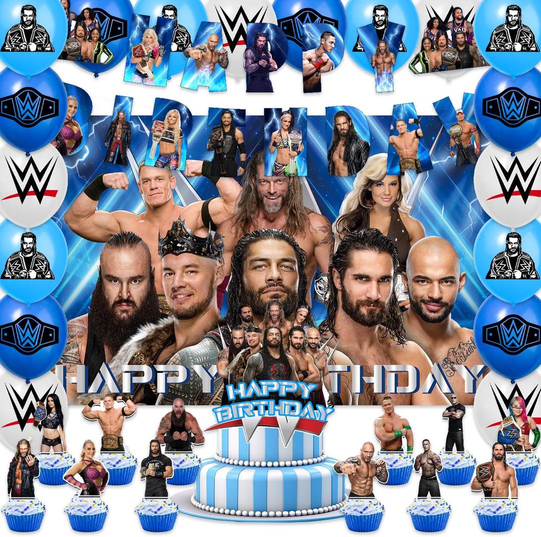 42PCS Wrestling Birthday Party Supplies -Included Banner, cupcake toppers , backdrop and Balloons Banner for Coco Cartoon Themed Wrestling Party Decorations