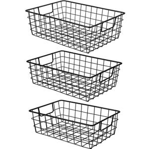 Wetheny 3 Pack Extra Large Wire Basket with Metal Handles, Metal Basket for organizers and storage, Wire Storage Baskets for Pantry, Cabinet, Fridge, Kitchen, Wardrobe, Garage, Bathroom, Black
