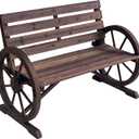 Outsunny 41" Wooden Wagon Wheel Bench, Rustic Outdoor Patio Weather Resistance Furniture, 2-Person Slatted Seat Bench with Backrest, Carbonized