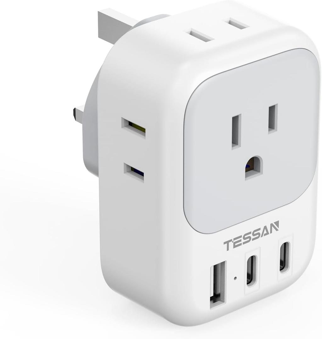 TESSAN US to UK Plug Adapter, Type G Travel Adaptor with 4 Electrical Outlets 3 USB Ports (2 USB C), Ireland Power Adapter for USA to England London Scotland Dubai Singapore Qatar Kenya British
