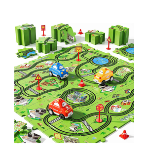 NIPLOOOW 64 PCS Puzzle Track Car Set for Boys & Girls, Ages 3-6, City-Themed Puzzle Race Tracks, (Blue and Green)