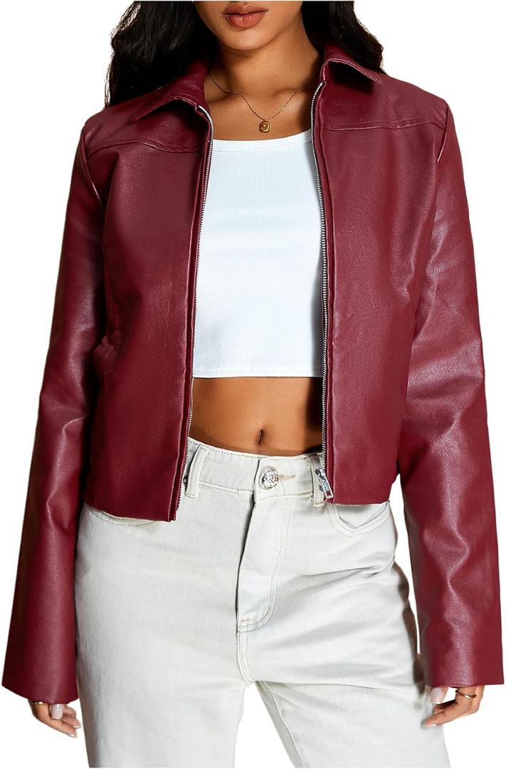 MakeMeChic Women's Crop Faux Leather Jacket Vintage Long Sleeve Collar Zip Up Biker Motorcycle Jackets Coats (Burgundy)