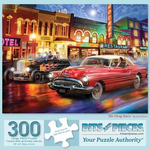 Bits and Pieces - 300 Piece Jigsaw Puzzle for Adults - 18" x 24" - 50s Drag Race - 300 pc Large Piece Classic Cars Jigsaw by Larry Jones
