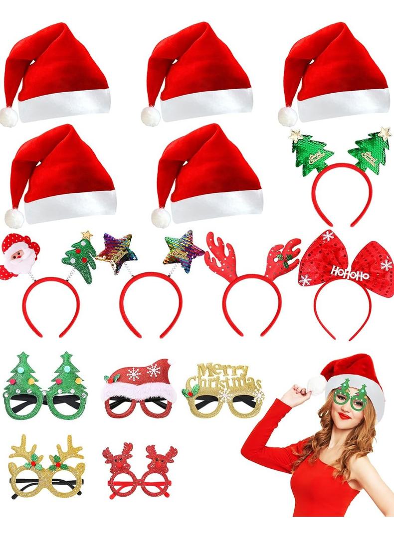 Unistylar Christmas Headwear Headbands and Glasses Set, Christmas Party Favors, Eyeglasses Headpieces Santa Hats Accessories