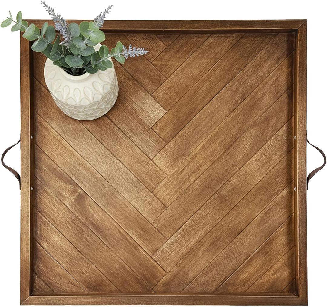 Large Square Ottoman Tray 24.5"x24.5", Wooden Ottoman Trays with Leather Handles, Rustic Decorative Storage Tray for Ottoman