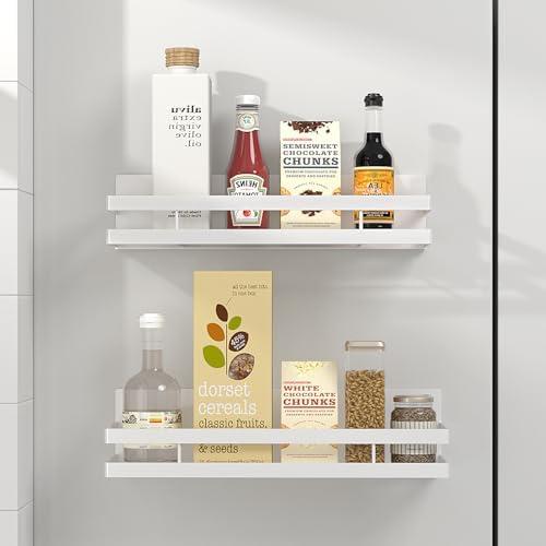 MIUGO Magnetic Spice Rack for Refrigerator 2 Pack, Moveable Magnetic Shelf for Fridge and Oven，White Magnetic Spice Rack for Kitchen Organizers and Storage, with 8 Moveable Hooks