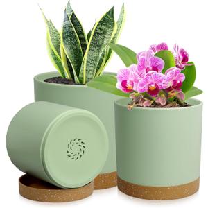 WSMKSZ 3 Pack 6/5/4 inch Cylindrical Flower Pots, Modern Small Round Plastic Plant Pots with Drainage Holes & Saucers, Clean and Refined Planter Pots for Outdoor, Indoor & Office Decor (Green Brown)