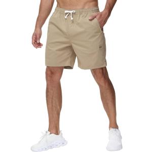 Yundobop Men's Casual 7 Inch Shorts Twill Drawstring Summer Beach Stretch Golf Shorts with Zipper Pockets (28, Khaki)