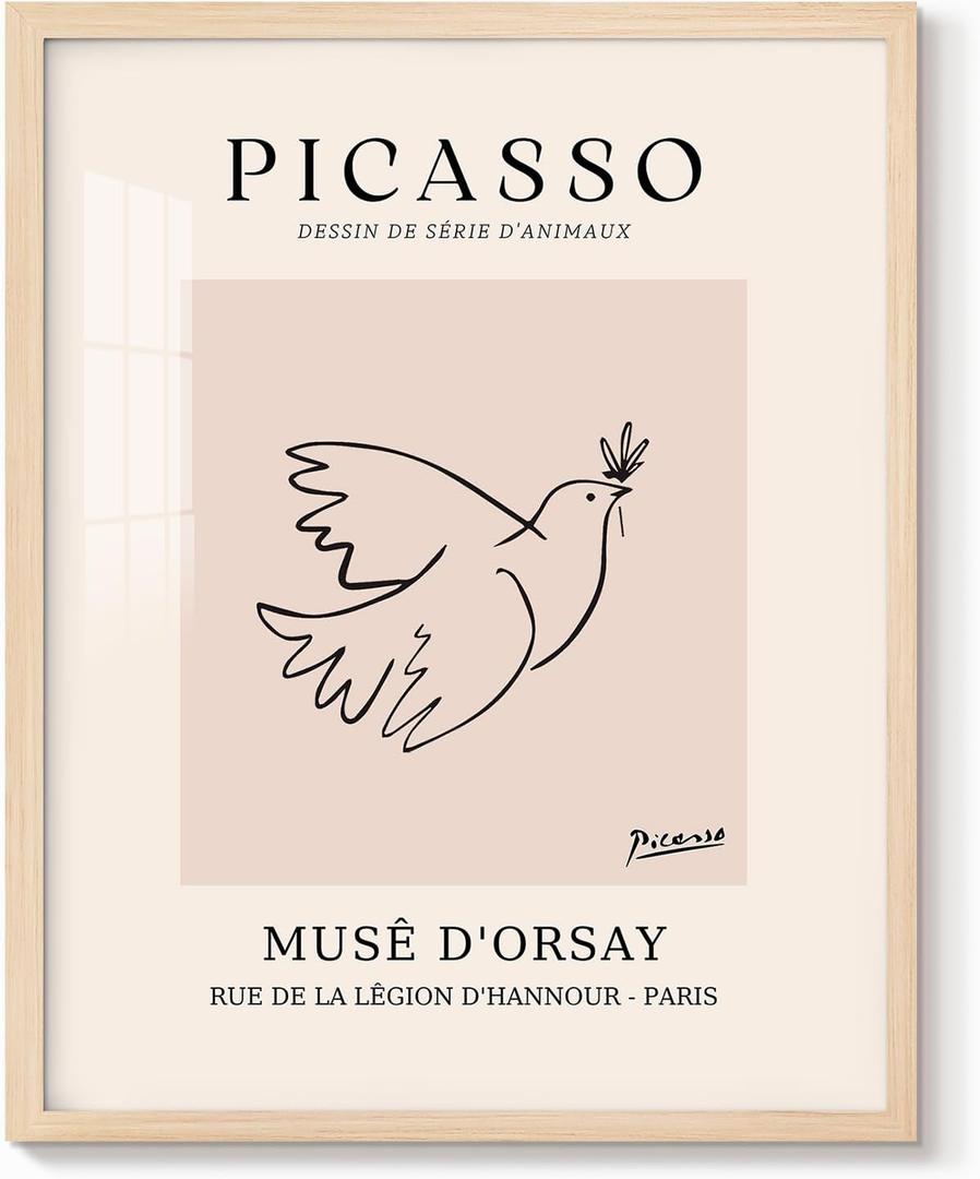 Pablo Picasso Wall Art Picasso Dove of Peace Poster Abstract Line Drawing Picture Pablo Minimalist Wall Decor Framed Birds Artwork Ready to Hang for Bedroom Bathroom Home Walls Decoration - 8x10 Inch