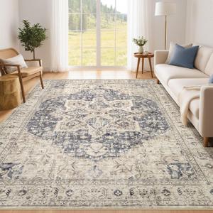Tortania Area Rug Living Room Rugs - 5x7 Washable Boho Rug Vintage Oriental Distressed Farmhouse Large Thin Indoor Carpet for Living Room Bedroom Under Dining Table Home Office - Cream Blue