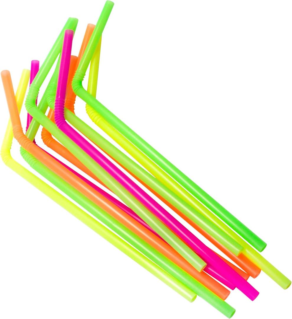 Jacent Flexible Disposable Drinking Straws, Bendable Plastic Neon Straws: 125 Count per Pack, Fun Bendy Kids Straws, Great For Summer Drinks, Crafts, Parties, And More