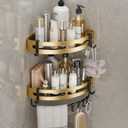 Adhesive Shower Corner Caddy2-Pack Heavy Duty Shower Corner Shelves Rack with 8 Hooks and 1 Towel BarRustproof Bathroom Organizer No Drilling Wall Mounted (Black/Gold)
