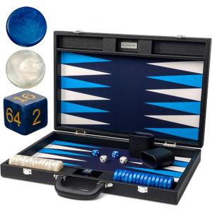 Pointworks 19 Inch Premium Backgammon Sets for Adults Leather Black - Blue. Premium 1.6 Inch Checkers & Dice Set, Travel Backgammon Set, Large, Backgammon Board Game, Backgammon Game Set, 19 inches x 25 inches