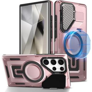 Magnetic for Galaxy S22 Ultra Case, Compatible with Magsafe [Camera Lens Protector] with Kickstand Heavy Duty Shockproof Military Grade Phone Case for Samsung Galaxy S22 Ultra Case (Pink)