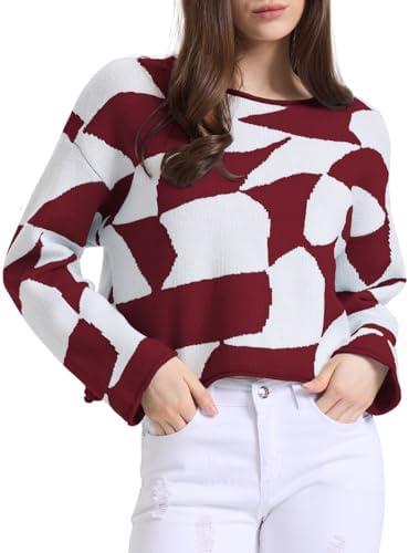 Pack Of 3 Blocac Women's Sweaters Color Block Cropped Sweater Tops Long Sleeve Loose Pullover Knit Jumper Top Checkered Fall Fashion, L