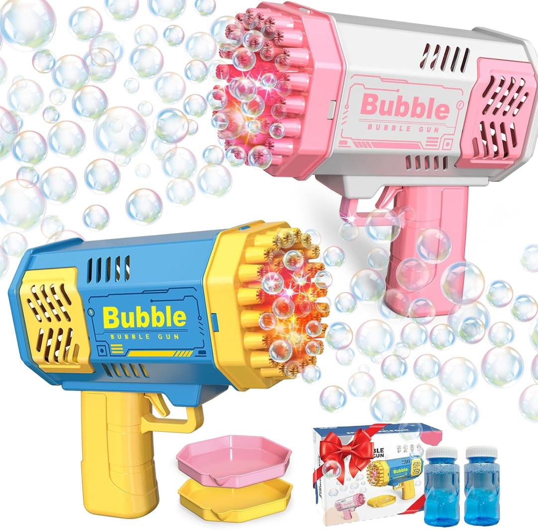 LUSJNGE 2 Bubble Gun with 2 Bottles Refill Solution for Kids, 40-Hole Light Up Bubble Machine for Toddlers 1-3, Bubble Blaster Maker, Party Favors Toys for Boys Girls 4-8 Birthday Gifts