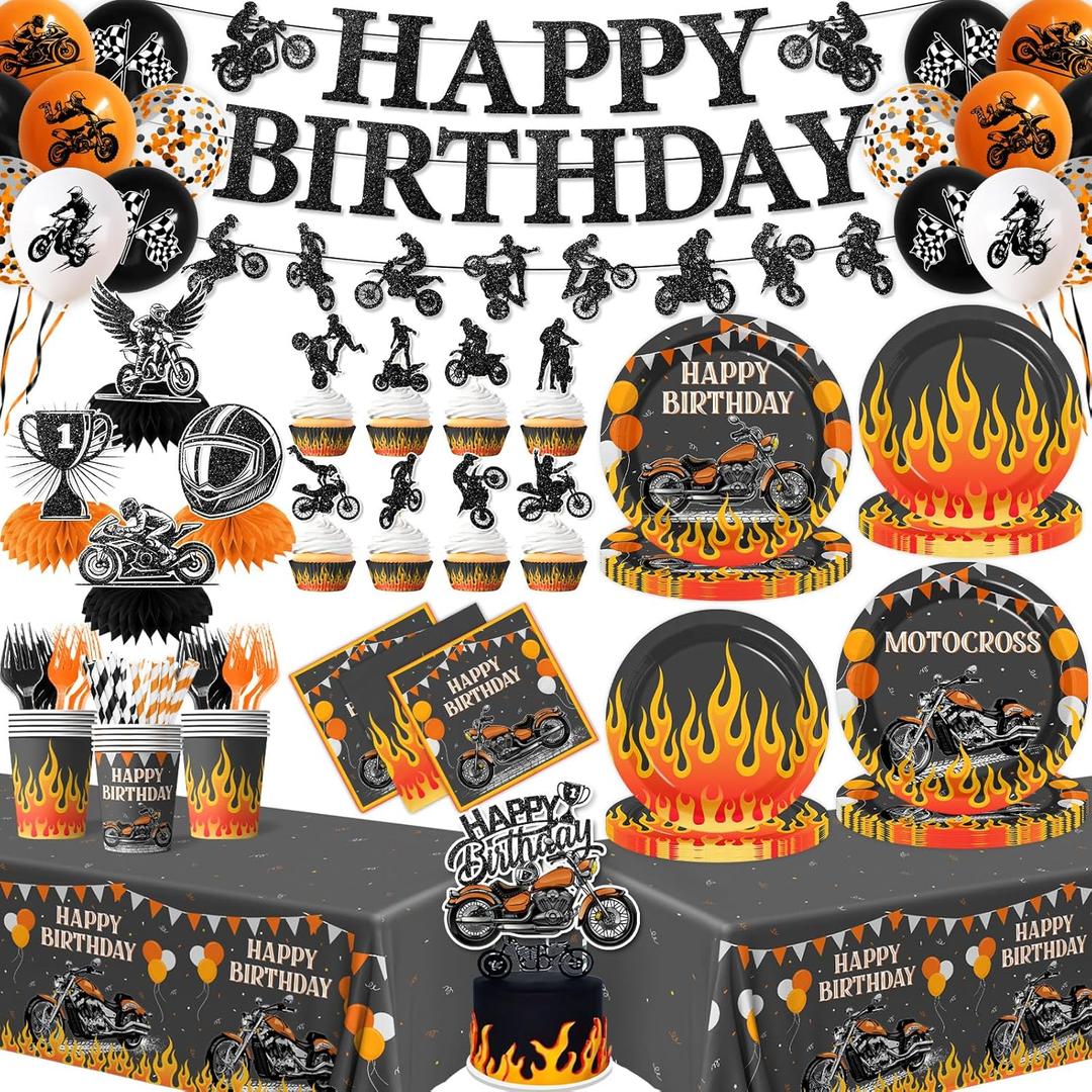 Dirt Bike Birthday Party Decorations,188pcs Flame Motocross Theme Birthday Set include Flame Racing Plates and Napkins,Cake Topper, Balloons,Motorcycle Banner for Boy Motorcycle Party Supplies