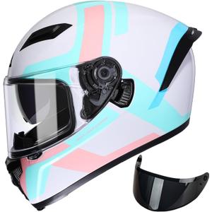 TRIANGLE Motorcycle Helmets Full face Helmet for Adults Men and Women Dual Visor with Internal Sunshield DOT Approved (Large, Glossy Pink)