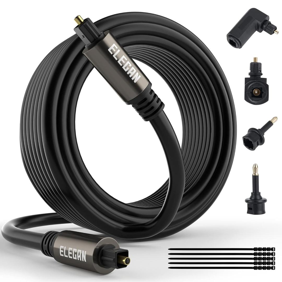 Elecan Optical Audio Cable 20 Ft Digital Audio Toslink Cable Cord-Fiber Optic-Gold Plated-Flexiable&Durable-for Home Theater,Sound Bar,PS4&Xbox-with 4 Right Angled and Mini Toslink Adapters+Ties