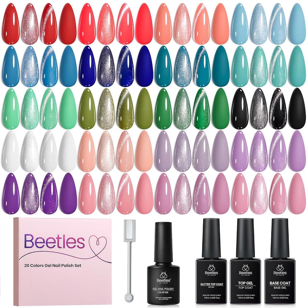 Beetles Fall Gel Polish Set, Daily Pop Collection, 20 Colors Gel Polish Kit | Base Coat Glossy Glitter Top Coat and Magnet, Cat Eye Effect, Soak Off UV LED Gel Polish for DIY Nail Art Manicure