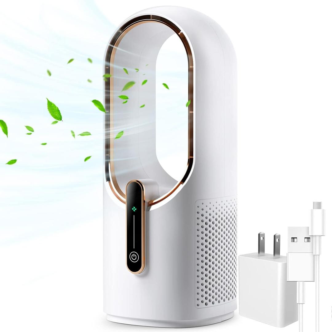 KONSIDEN Desk Fan Bladeless, 11.8 Inch Office Fan Small, Quiet, 3 Speed Adjustment, Touch Control, Easy to Clean, Desk Fans Small Quiet, Ideal for Office, Living Room, Bedroom (White/Gold)