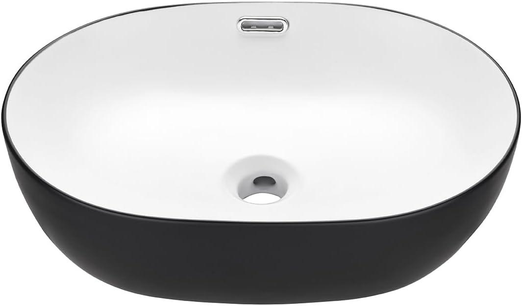 Miyili 19"x14" Black & White Bathroom Vessel Sink Modern Above Counter Bathroom Sink Porcelain Ceramic Vanity Sink Lavatory Sink Bowl Art Basin, VS4935BW