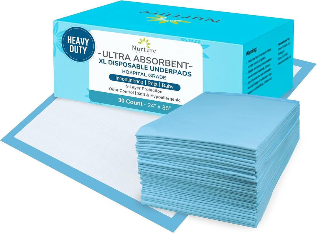 30 Heavy Duty 24 x 36 Ultra Absorbent Bed Pads by Nurture | Waterproof Disposable Chux Liners, Underpads, Adult Incontinence Chucks | Hospital Grade