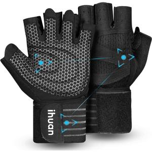 ihuan Ventilated Weight Lifting Gym Workout Gloves with Wrist Wrap Support for Men & Women, Full Palm Protection, for Weightlifting, Training, Fitness, Hanging, Pull ups (XX-Large, Black)