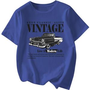 Women's Graphic Letter Tee Crew Neck Drop Shoulder Trendy Summer T Shirt Short Sleeve Vintage Car Print Top (XL)