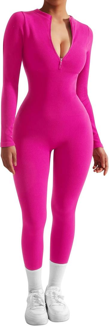 SUUKSESS Women Long Sleeve Ribbed Jumpsuit Zip up Front Workout Bodycon Romper (Large, Hot Pink)