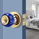 Crystal Door Knob with Privacy Lock, Blue Glass Interior Door Knob with Keys and Lock, Round Design Crystal Doorknob for Bathroom Bedroom, Gold