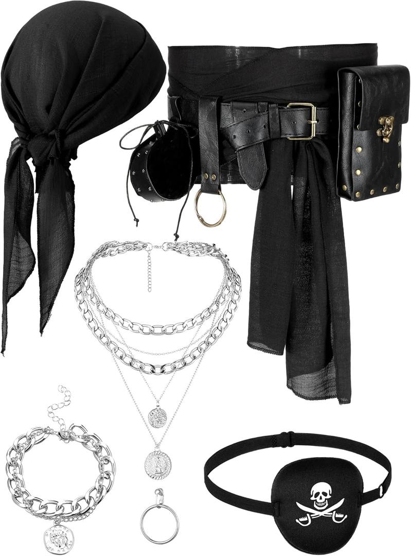 Fourluoo 10 Pcs Pirate Costume Pirate Belt Head Women Men Pirates Accessory Purse Bandana Head Eye Patch Keyring Jewelry Set (Black)