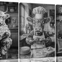 Highland Cow Kitchen Wall Art Funny Cow Cooking Canvas Painting Black And White Highland Cattle Posters Prints Vintage Farmhouse Animals Pictures Wall Decor for Bar Kitchen Dining Room Framed