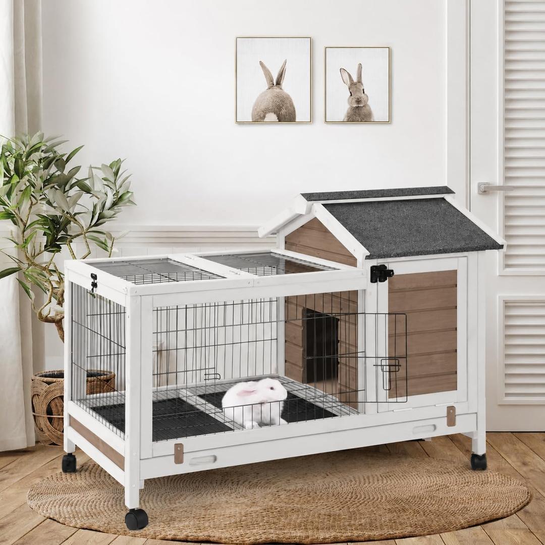 GUTINNEEN Large Mobile Rabbit Hutch Indoor Outdoor with Wheels, Deep Leak-Proof Pull-Out Tray & Wire Mesh, Waterproof Asphalt Roof Small Animal Cage with Openable Roof for Rabbits & Guinea Pigs