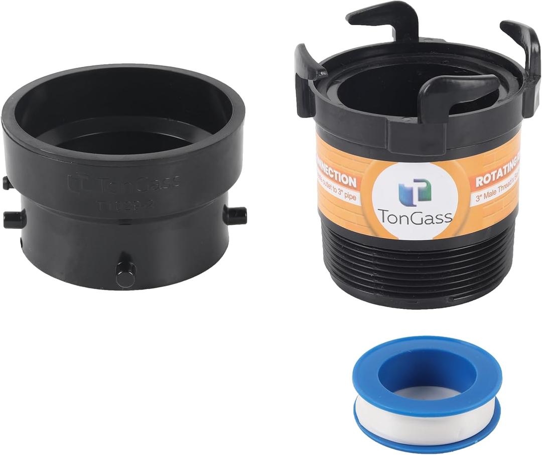 TonGass RV Sewer Pipe Adapter 3" Rotating Rigid Bayonet Adapter with Male Thread & Hooks, Termination Fitting with 3" Bayonet & Hub, RV Sewer Hose Connector for Waste Disposal - Black (1 x Combo Pack)