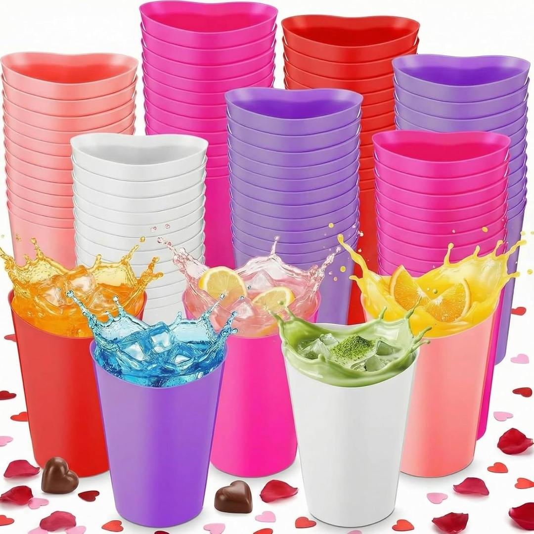 Qinyoung 100 Pcs Valentines Heart Shaped Plastic Cups Bulk 12 oz Plastic Heart Wine Cups Reusable Pink Red Galentines Party Cup for Wedding Birthday Drinking Beverage Party Supplies(Multi-color)