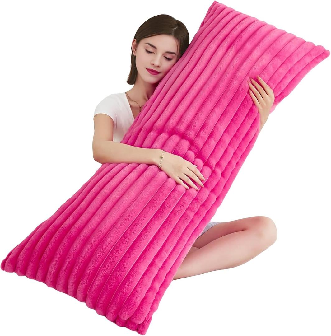 Full Body Pillow with Fluffy Stripe Faux Fur Removable Cover, Long Bed Pillow Adult 20x54 Inches for Side Sleeper and Pregnancy, Hot Pink.