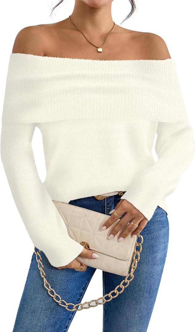 SunnyMelody Womens Off The Shoulder Sexy Sweater Fall 2025 Trendy Ladies Dressy Chunky Ribbed Knit Slim Fit Pullover Tops (Large, White)