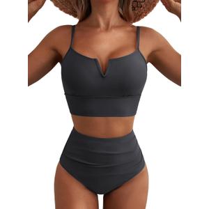 Herseas High Waisted Bikini Sets for Women - V Wire Two Piece Swimsuits Swim Suits 2026 Tummy Control Bathing Suit (Medium, Dark Grey)