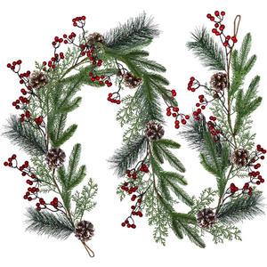 Christmas Artificial Pine Garland with Spruce Cypress Berries Frosted Pinecones Winter Greenery Garland for Holiday Season Mantel Fireplace Table Runner Centerpiece Decoration 6.6 feet