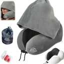 Travel Pillow with Extra Large Hood for Airplane Long Flights Privacy and Comfort Memory Foam with Velvet Cover for Road Trip Head&Neck Support for Plane Office Cars Sleeping & Rest (Light Grey)
