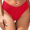 Women V Cut Cheeky Bikini Bottoms - Mid Waist High Cut Swim Bathing Suit Bottoms V Front Swimsuit Red M