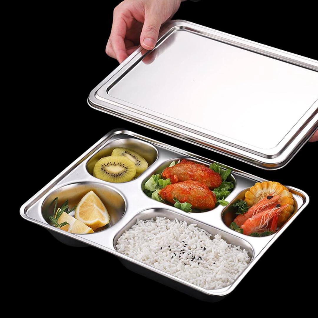 Stainless Steel Divided Plates with Lid, 5 Pack Divided Dinner Tray 5 Compartments Snack Containers Divided Dinner Tray Meal Prep Lunch Containers for Adults, Picky Eaters, Campers, Portion Control