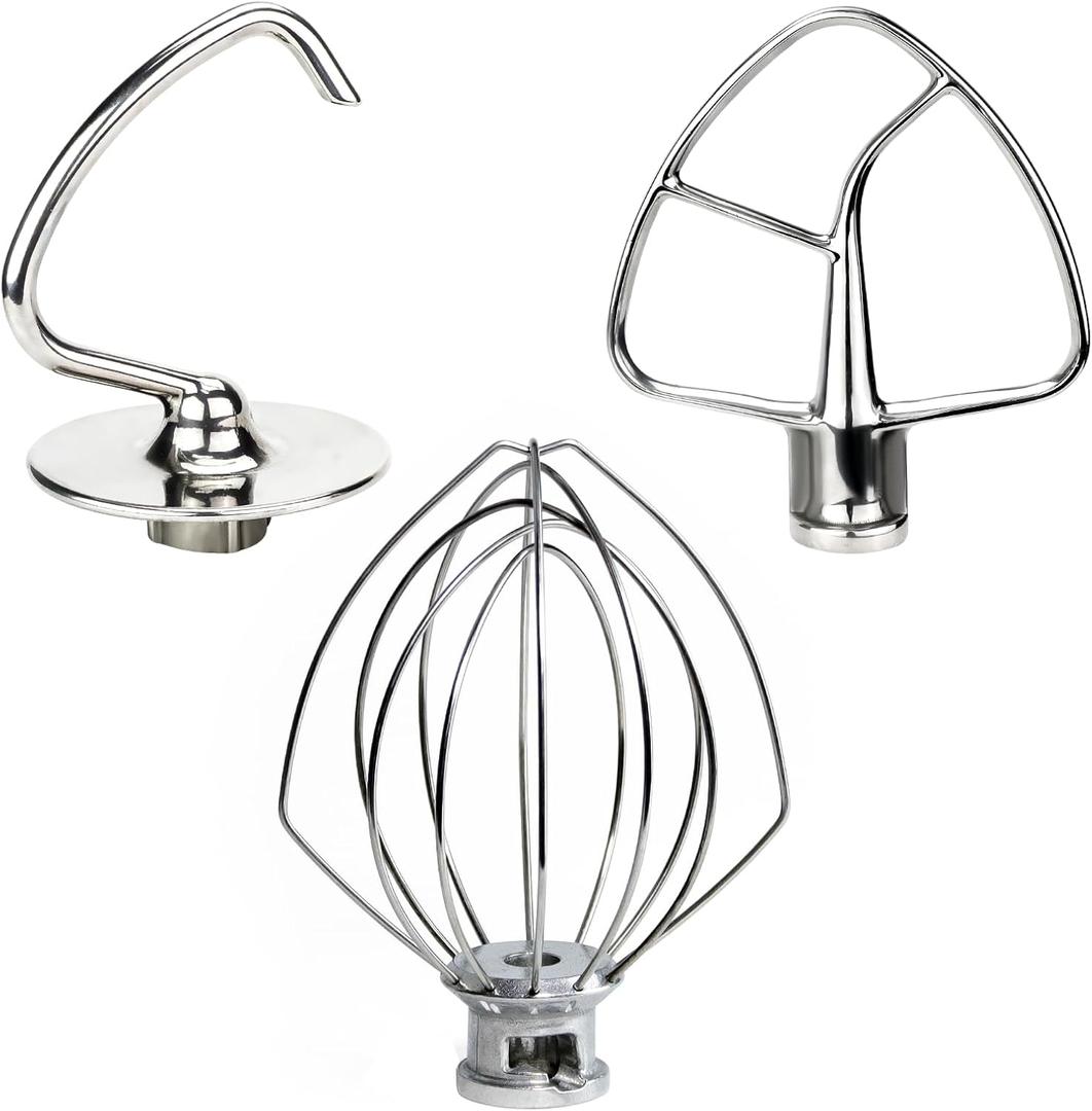 Funmit Mixers Accessories Stainless Steel Attachments Replacement for Kitchen-aid Mixers, K45WW Wire Whip, K45DH Dough Hook, K45B Coated Flat Blade Paddle, Kitchen Tilt-Head Aid Stand Mixer Attachment