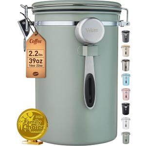 Veken Coffee Canister, 39OZ Large, Airtight Stainless Steel Food Storage Container for 2.2lbs Coffee Beans, Ground, Sugar, Tea, Flour, Cereal, Kitchen Bar Accessories with Date Tracker & Scoop, Green