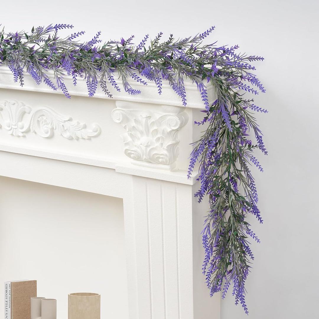 HUZIYAHAN 2pcs Spring Summer Lavender Garland, 6Ft Purple Lavender Artificial Garland, All Year Lavender Garlands for Farmhouse Wedding Mantle Arch Porch Stair Table Indoor Door Home Decor