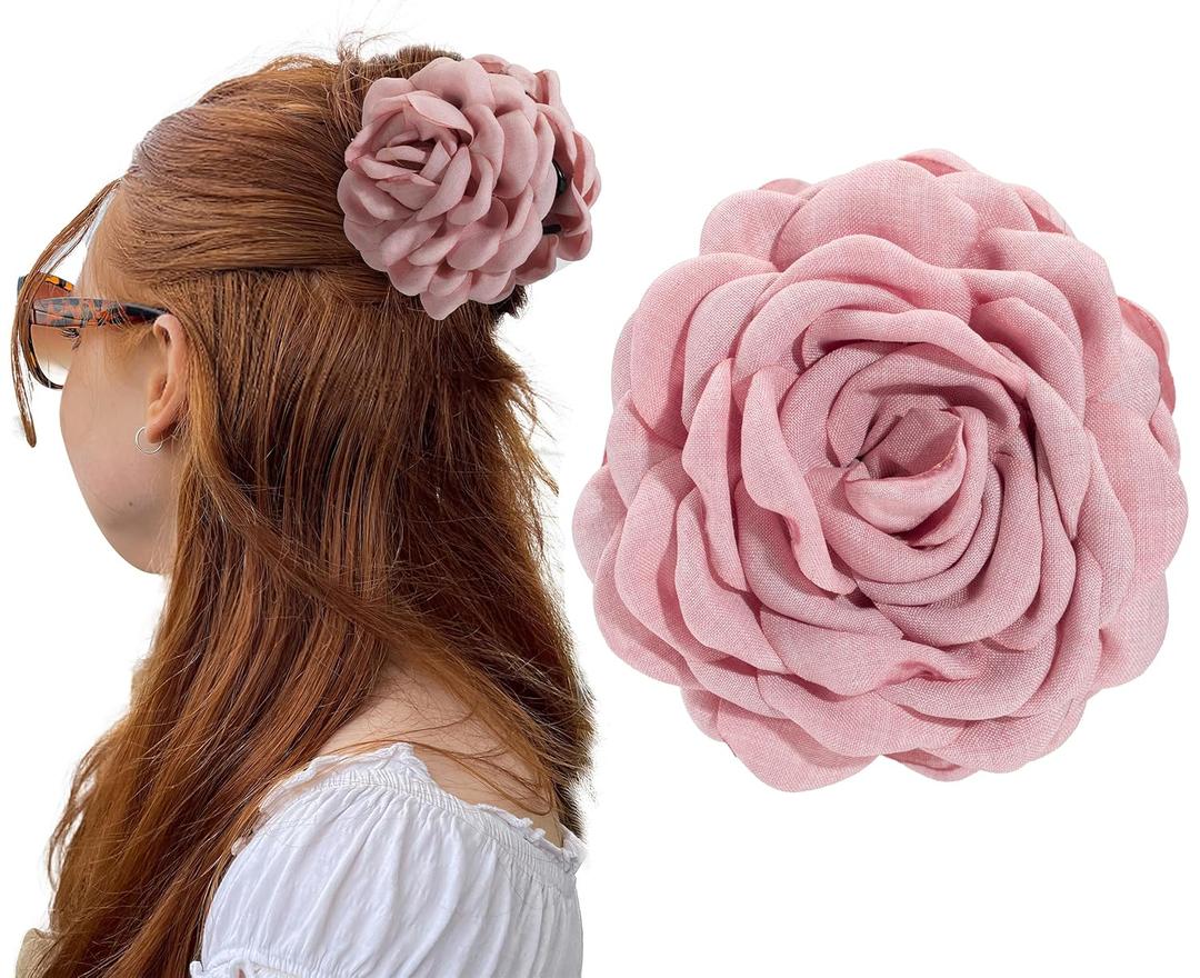 Women's Pink Fabric Flower Hair Clip, Medium Octopus Hair Clip with Rose Charm, Strong Grip, Non-slip Jaw Clips for Thick and Medium Hair, Hair Accessories 1pcs
