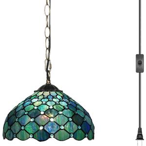 Tiffany Style Sea Blue Pearl Stained Glass Pendant Light, 12 Inch Vintage Hanging Lamp, with Plug-in Cord and Switch, for Dining Room, Bedroom, Kitchen, Bar