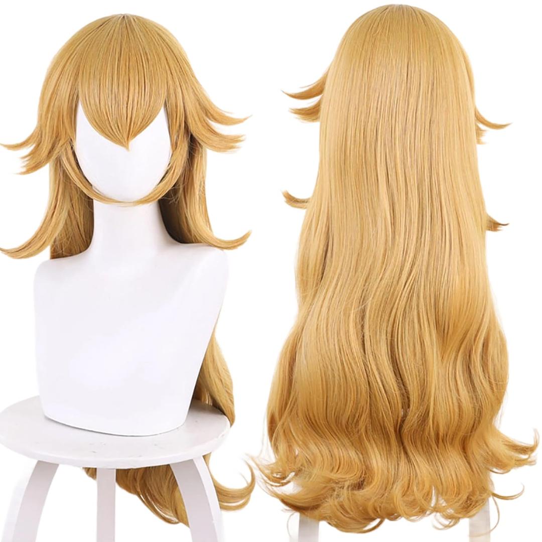 Women Blonde Anime Cosplay Wig with Wavy Hair Synthetic Fabric Wig Cap for Comic Con, Anime Cosplay Show, Halloween