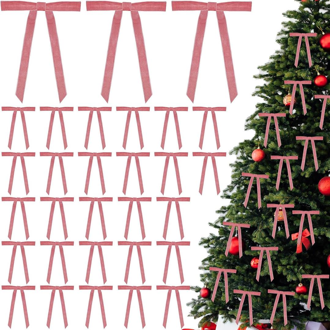 30 Pcs Christmas Velvet Wreath Bow, 5 x 7 Inch Vintage Velvet Ribbon Bows Rustic Crafts Gift Bows for Indoor Outdoor Wreaths Garland Holiday Xmas Tree Wrapping Crafts (Pink, Width of 5/8")